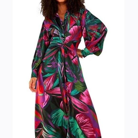 FARM RIO Sz L Midnight Leaves Midi Shirt Dress Button Up Long Sleeve Tie Belt - Picture 1 of 12